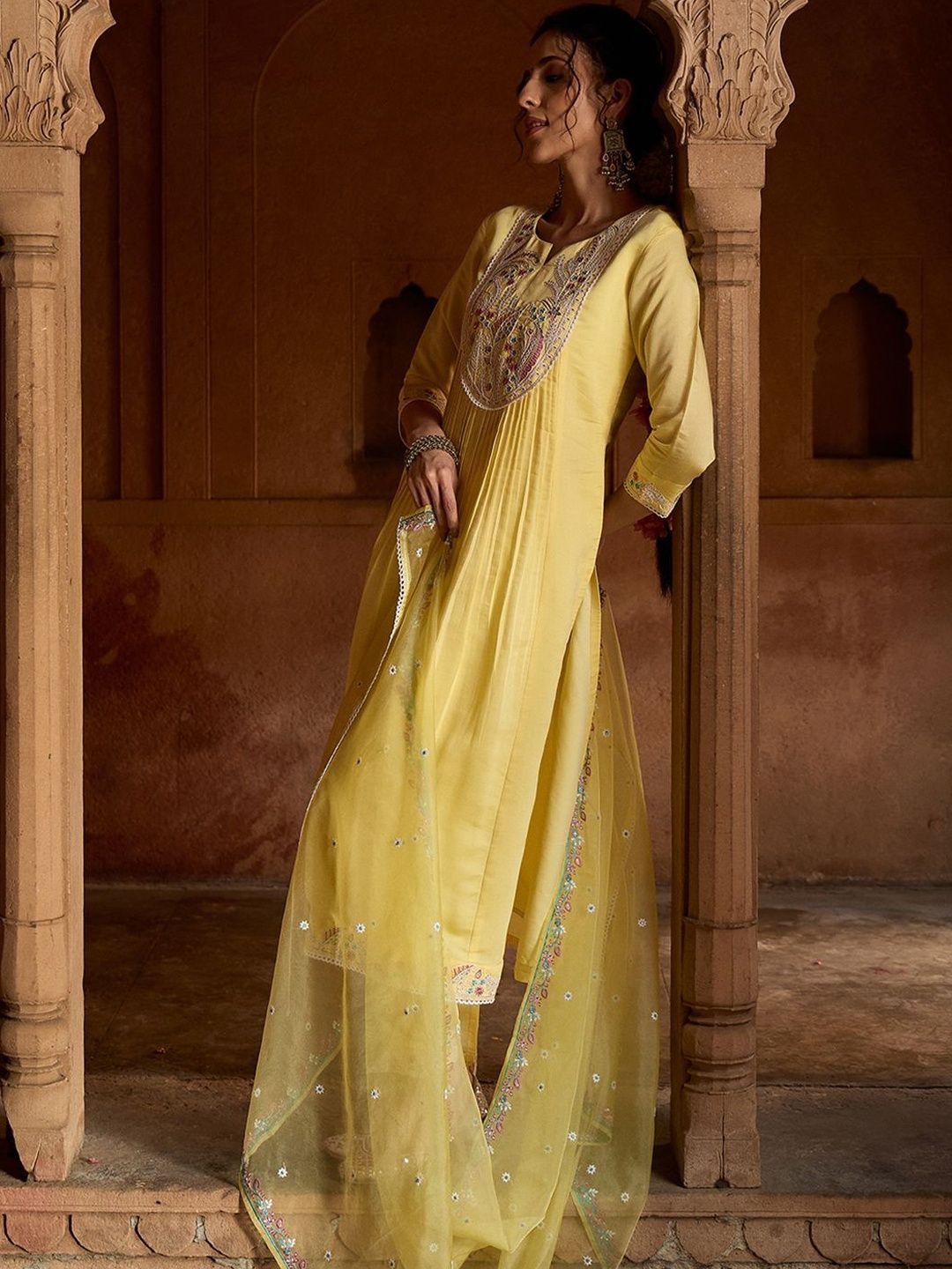 Dhiyona CH Floral Embroidered Sequinned Straight Kurta With Trousers & Dupatta