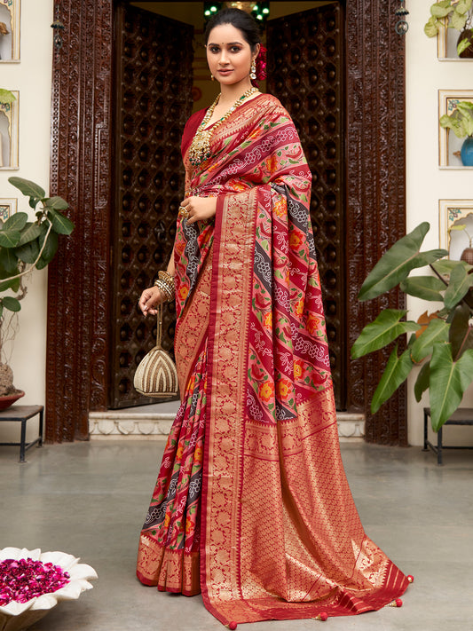 Women's Tussar Silk Maroon Printed Designer Saree With Blouse Piece