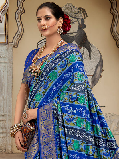 Women's Tussar Silk Blue Printed Designer Saree With Blouse Piece
