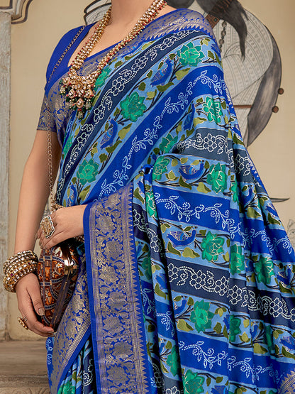 Women's Tussar Silk Blue Printed Designer Saree With Blouse Piece