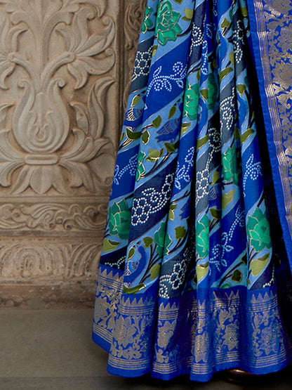 Women's Tussar Silk Blue Printed Designer Saree With Blouse Piece