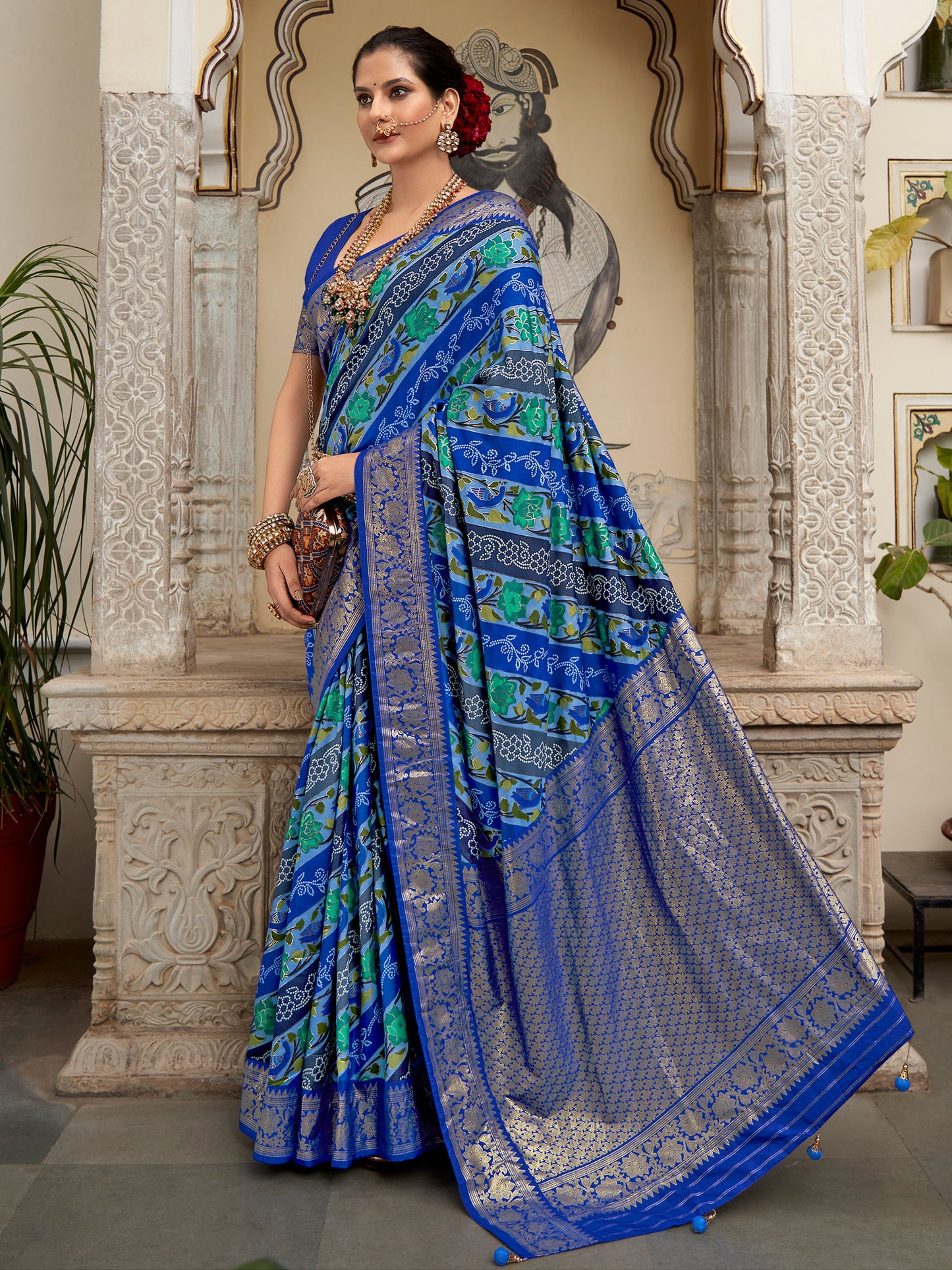 Women's Tussar Silk Blue Printed Designer Saree With Blouse Piece
