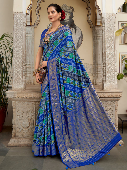 Women's Tussar Silk Blue Printed Designer Saree With Blouse Piece