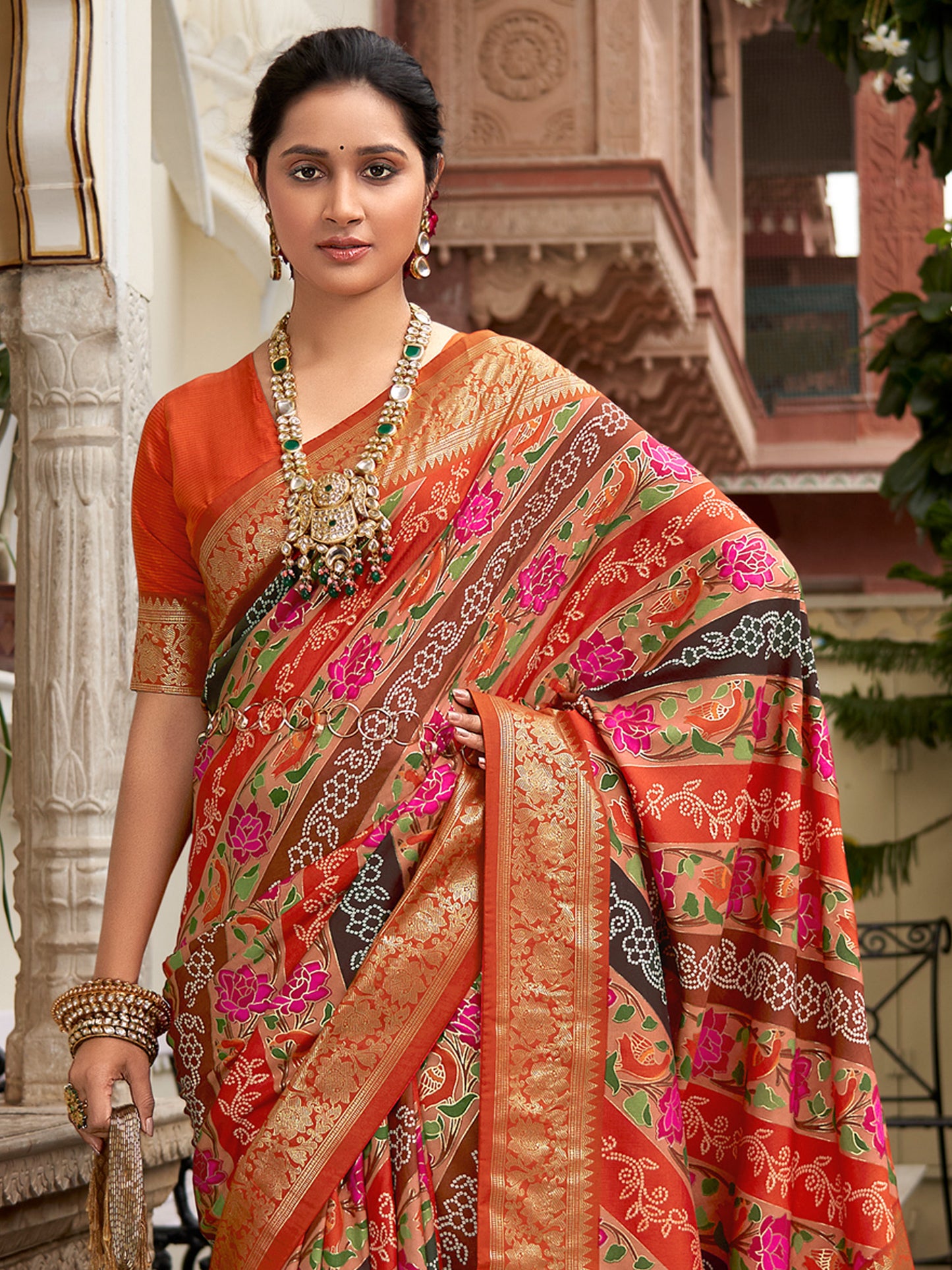 Women's Tussar Silk Orange Printed Designer Saree With Blouse Piece