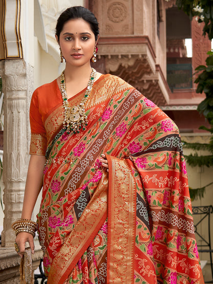 Women's Tussar Silk Orange Printed Designer Saree With Blouse Piece