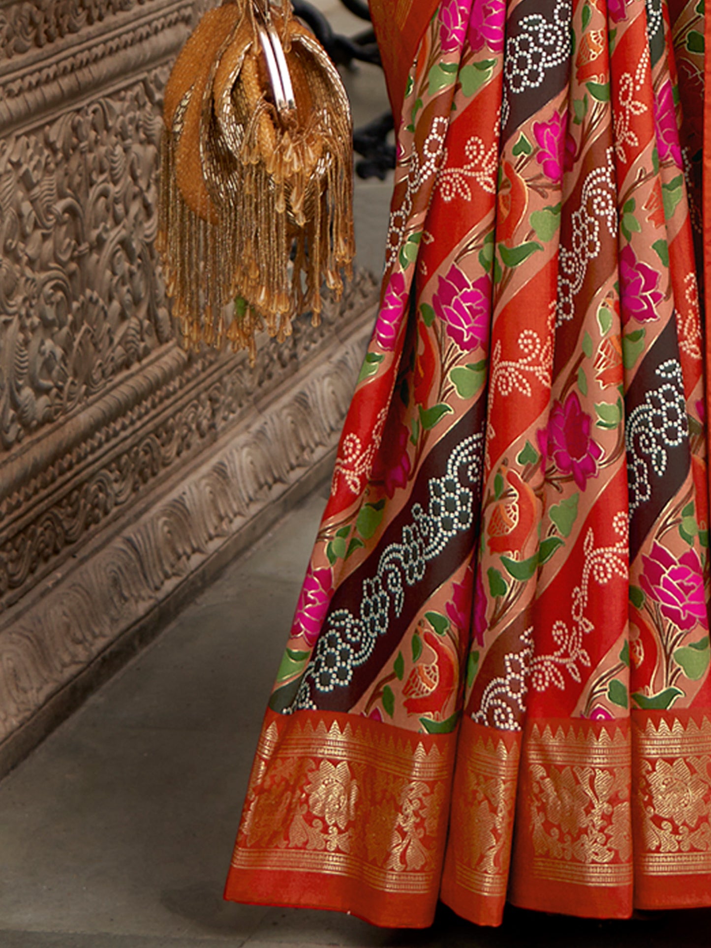 Women's Tussar Silk Orange Printed Designer Saree With Blouse Piece