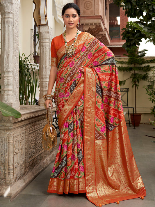 Women's Tussar Silk Orange Printed Designer Saree With Blouse Piece