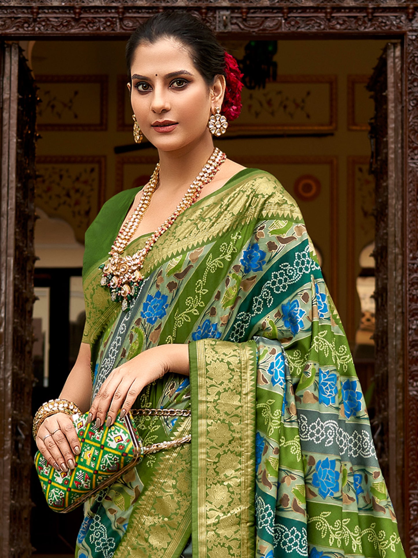 Women's Tussar Silk Light Green Printed Designer Saree With Blouse Piece
