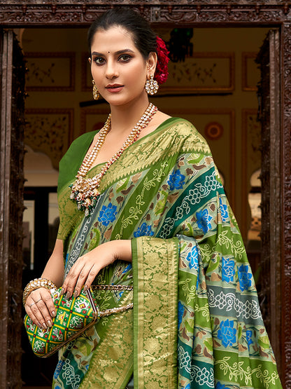 Women's Tussar Silk Light Green Printed Designer Saree With Blouse Piece