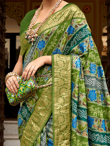 Women's Tussar Silk Light Green Printed Designer Saree With Blouse Piece