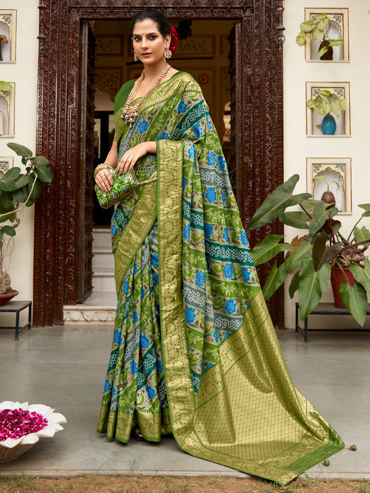 Women's Tussar Silk Light Green Printed Designer Saree With Blouse Piece