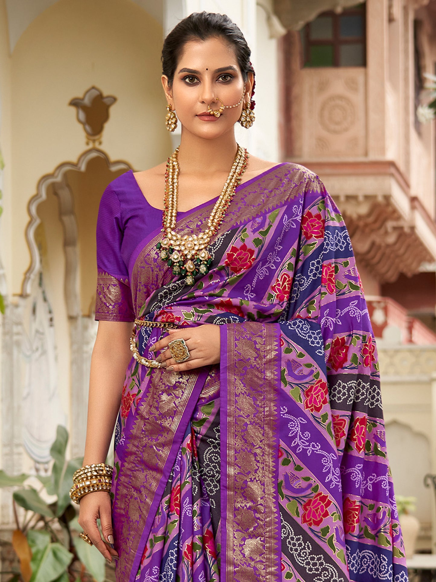 Women's Tussar Silk Purple Printed Designer Saree With Blouse Piece