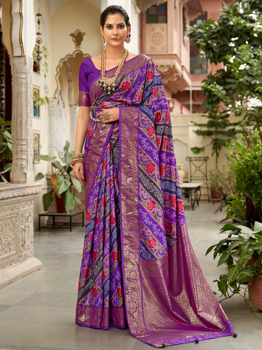 Women's Tussar Silk Purple Printed Designer Saree With Blouse Piece