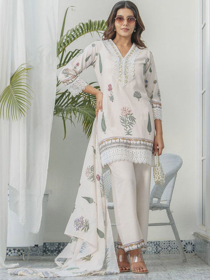 Dhiyona PD Women Floral Printed V-Neck Sequinned Straight Kurta With Trouser & Dupatta