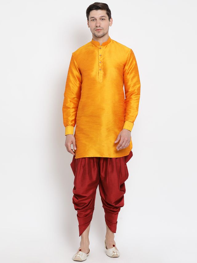Men's Orange Silk Blend Pathani Kurta and Dhoti Set