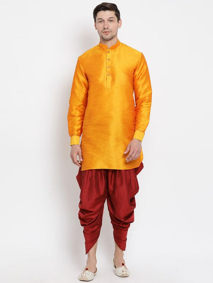 Men's Orange Silk Blend Pathani Kurta and Dhoti Set