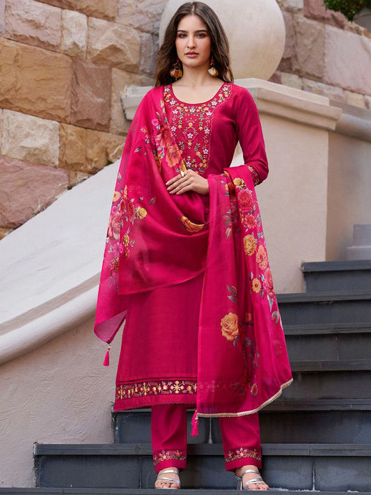 Dhiyona VA Women'sFloral Yoke Design Thread Work Straight Kurta With Trouser And Dupatta