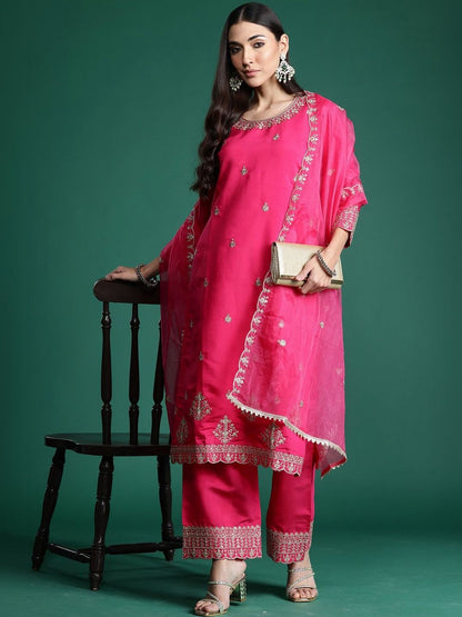 Women Ethnic Motifs Embroidered Regular Kurta with Trousers & With Dupatta