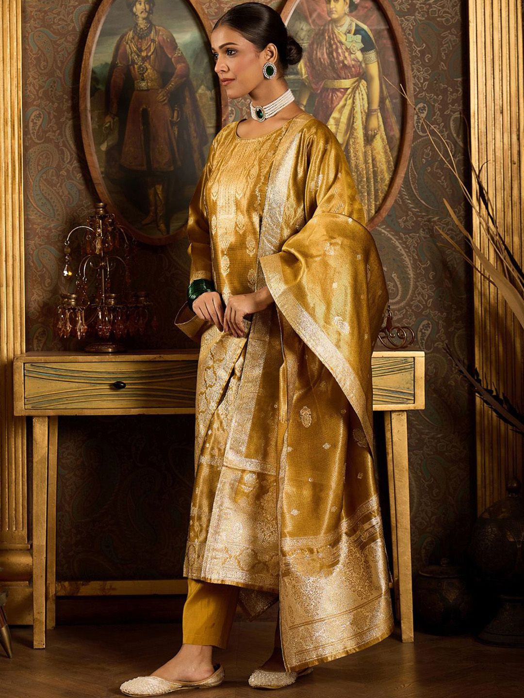 Ethnic Motifs Woven Design Zari Straight Kurta With Trousers & Dupatta