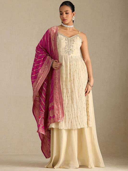 Dhiyona SO Women's Floral Woven Design Sequinned Pleated Anarkali Tissue Kurta With Palazzos & Dupatta