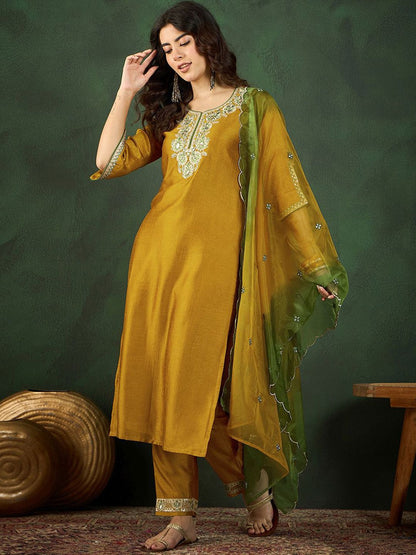 Dhiyona SN Women's Mustard Yellow & Green Floral Embroidered Zari Kurta With Trousers & Dupatta