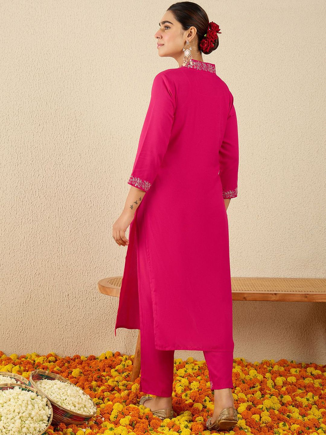 Women Ethnic Motifs Embroidered Regular Sequinned Straight Kurta with Trousers