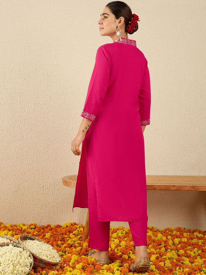 Women Ethnic Motifs Embroidered Regular Sequinned Straight Kurta with Trousers