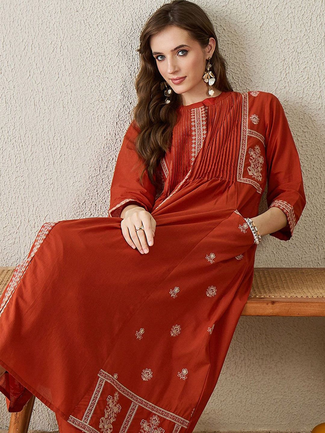 Dhiyona IE Floral Embroidered Pure Cotton Top With Trousers Co-Ords