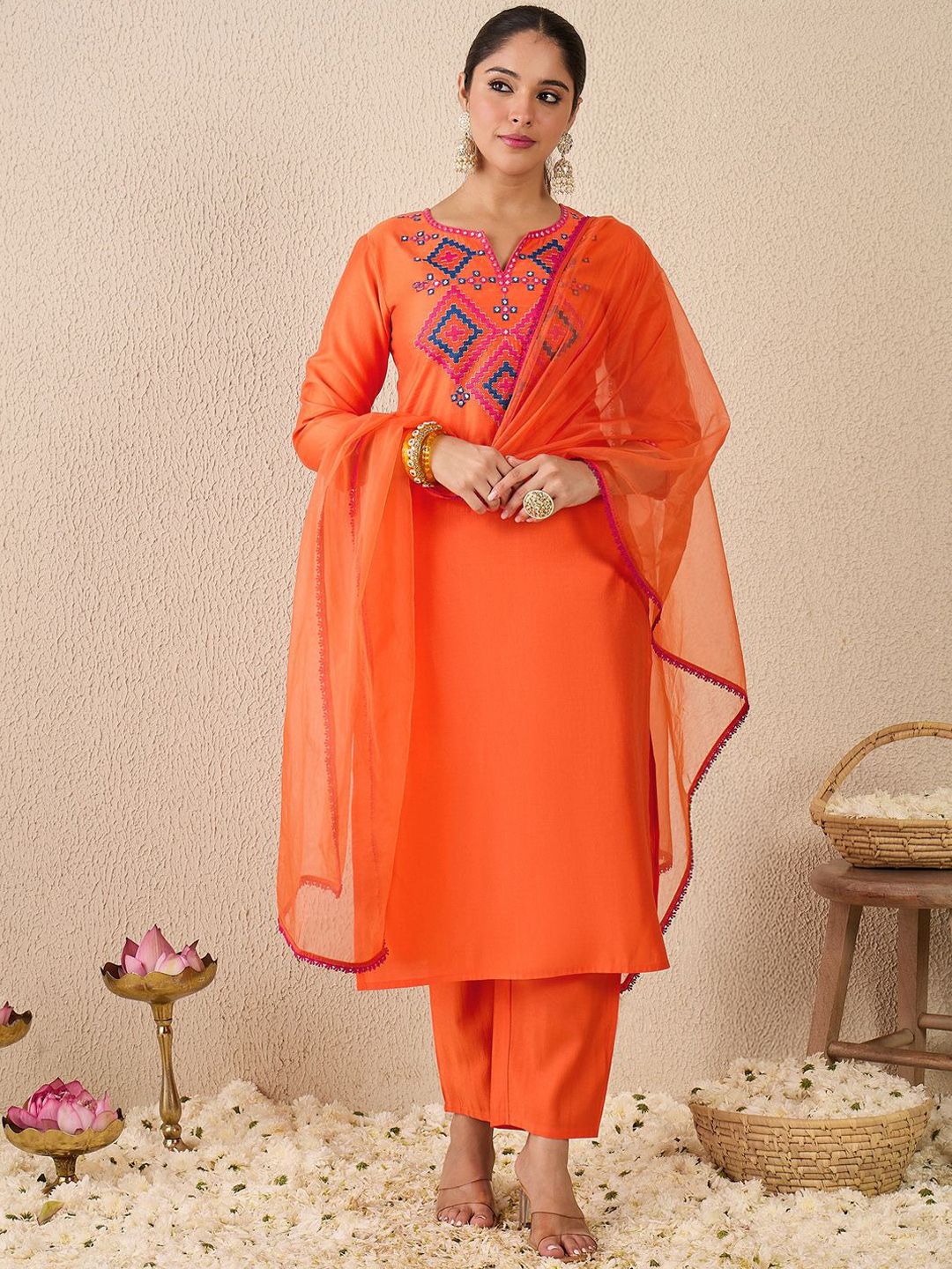 Dhiyona IE Women's Ethnic Motifs Embroidered Mirror Work Liva Straight Kurta With Trousers & Dupatta
