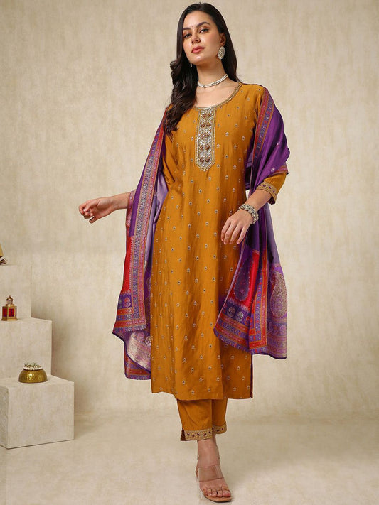 Dhiyona SO Women's Ethnic Motifs Embroidered Mirror Work Straight Kurta with Trousers & Dupatta