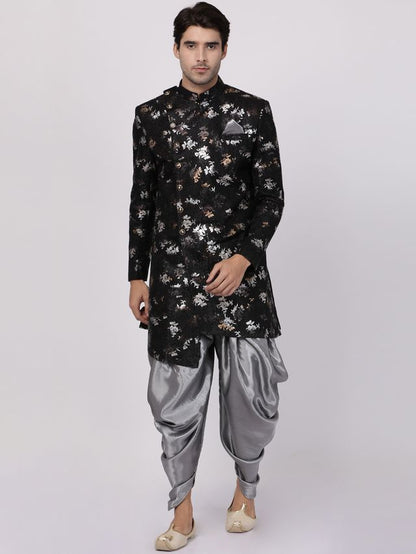 Men's Black Polyester Lurex Blend Asymmetric Sherwani Set