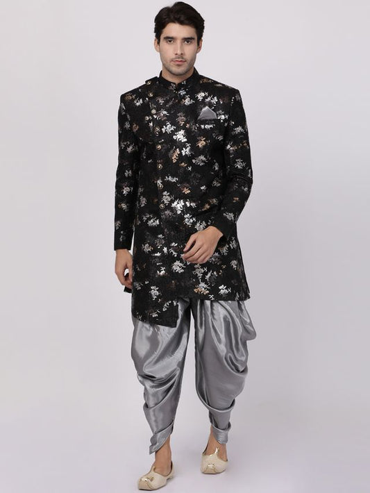 Men's Black Polyester Lurex Blend Asymmetric Sherwani Set