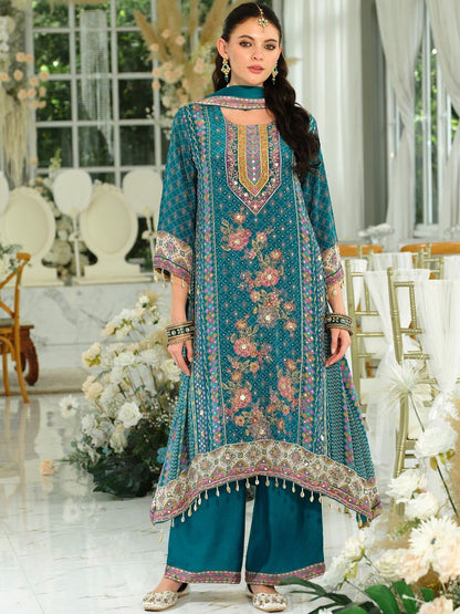 Ethnic Motifs Printed Mirror Work Pure Silk A-Line Kurta & Palazzos With Dupatta