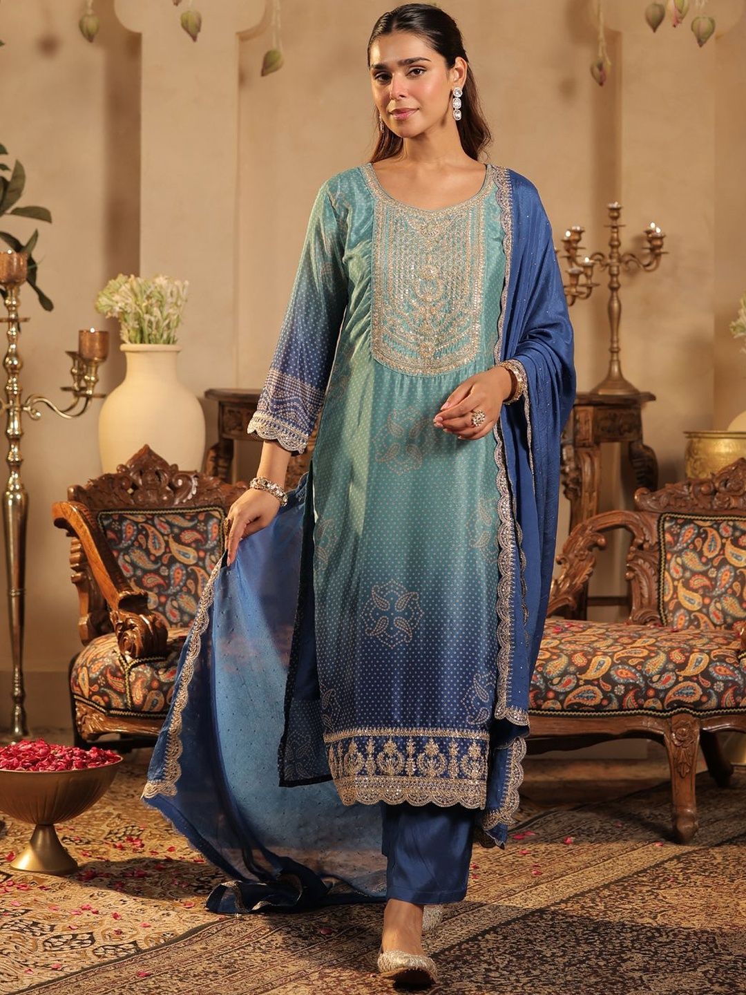 Dhiyona IE Bandhani Printed Sequinned Straight Kurta & Trousers With Dupatta