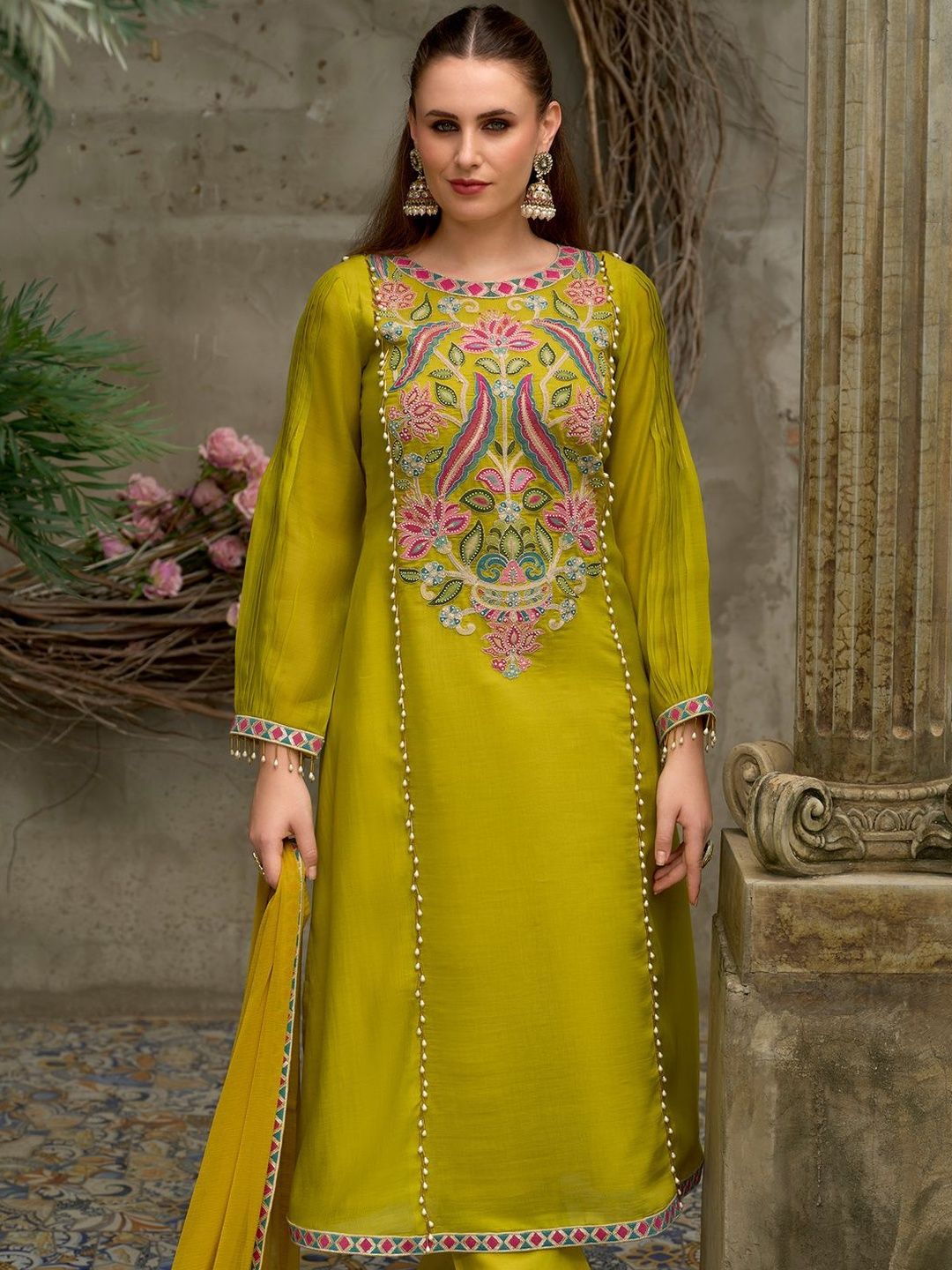 Floral Embroidered A-Line Round Neck Beads & Stones Kurta With Trousers & Dupatta