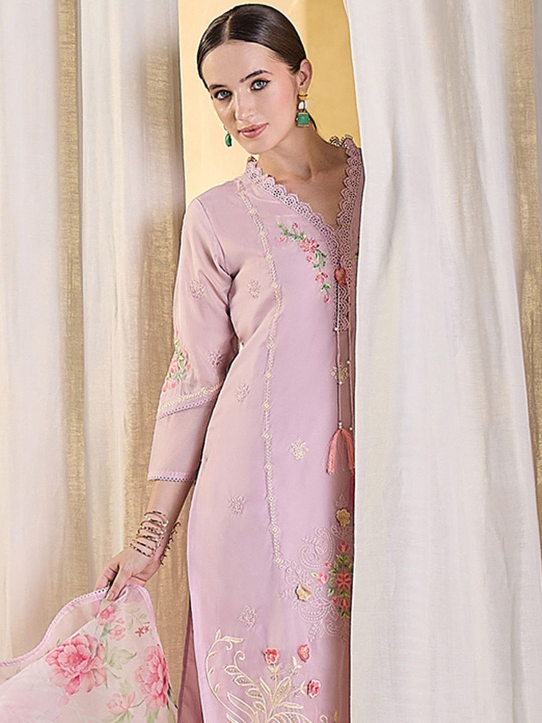 Floral Embroidered Thread Work Kurta With Trousers & Dupatta