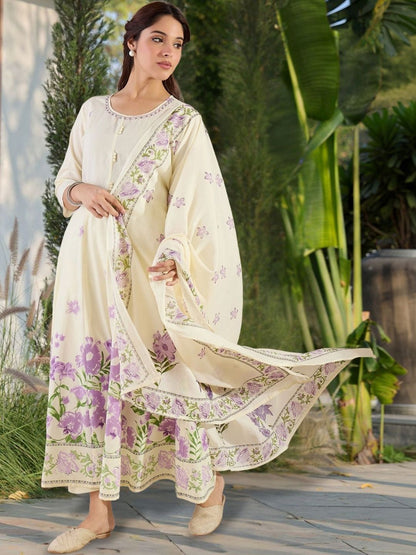 Women Floral Printed Empire Pure Cotton Kurta with Trousers & With Dupatta