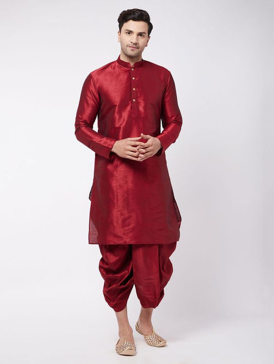Men's Maroon Silk Blend Straight Kurta and Dhoti Set