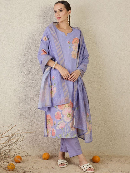 Women Floral Printed Linen Kurta with Trousers & Dupatta