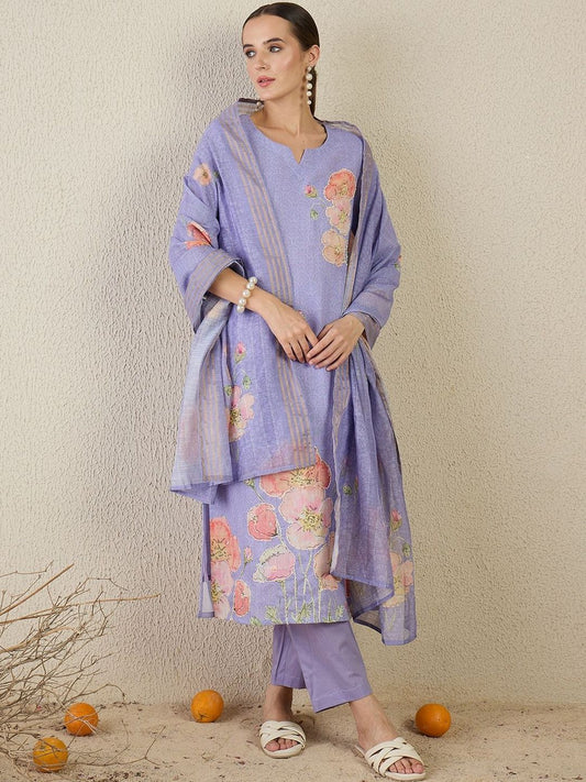 Women Floral Printed Linen Kurta with Trousers & Dupatta