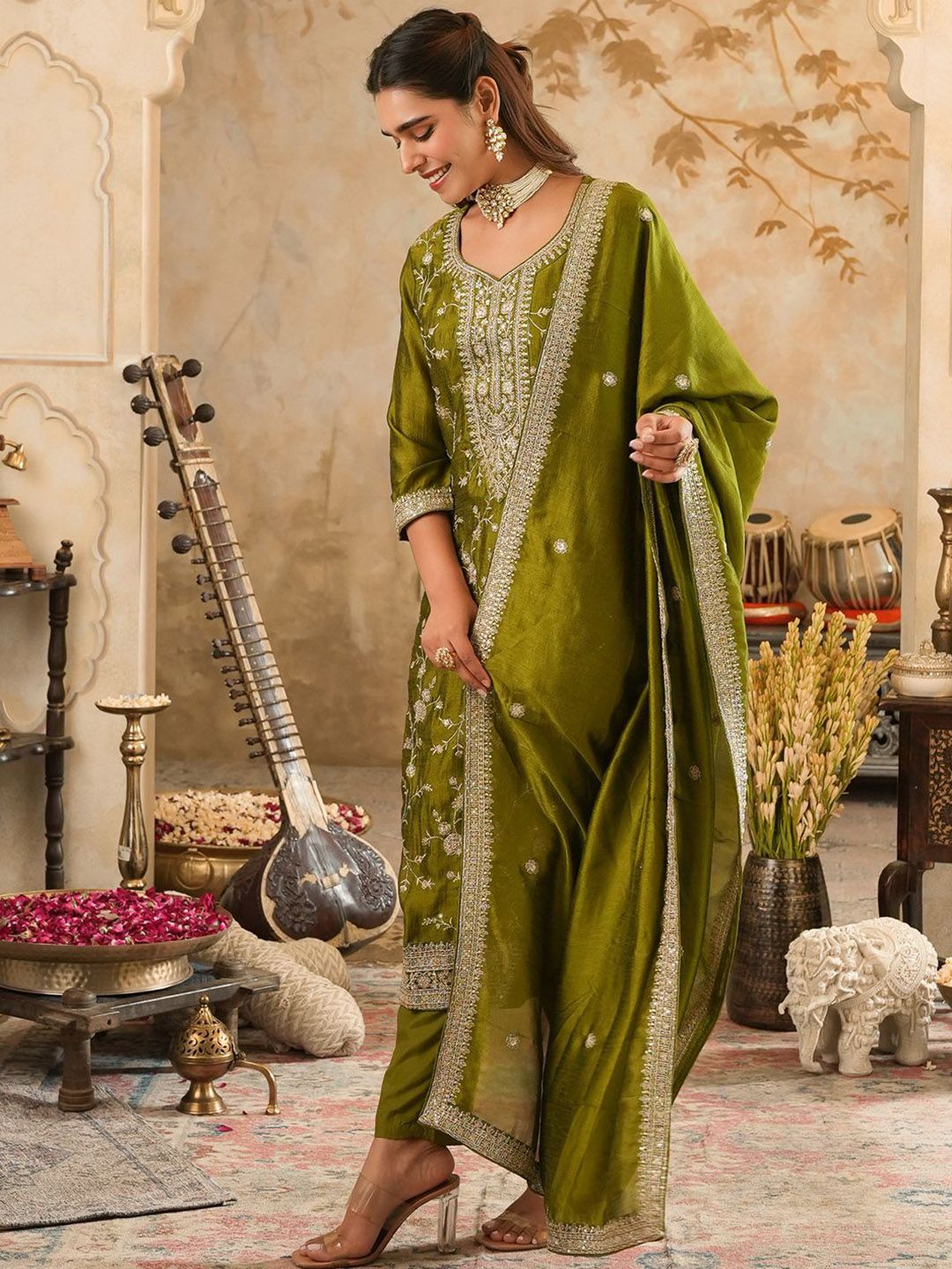 Ethnic Motifs Embroidered Regular Sequinned Kurta with Trousers & Dupatta