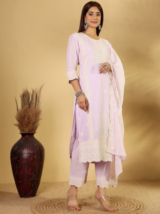 Dhiyona PD Women Floral Embroidered Pure Cotton Straight Kurta With Trousers And Dupatta