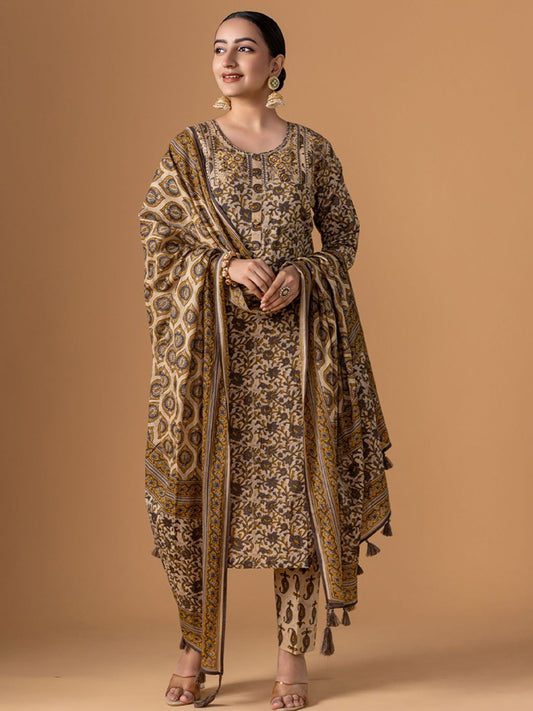 Dhiyona WP Women Floral Printed Cotton Kurta with Trousers & Dupatta