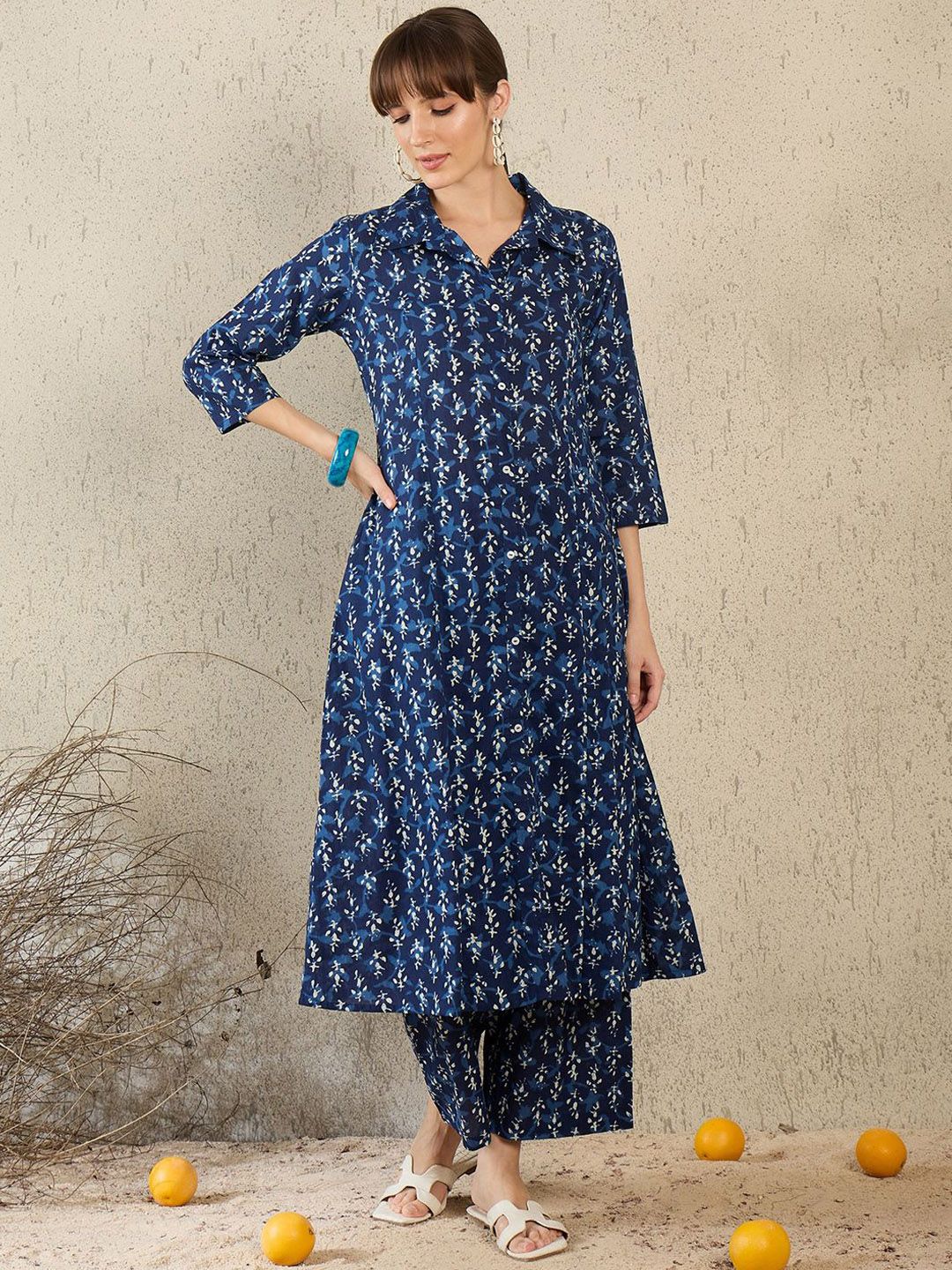 Dhiyona IE Women Printed Shirt Collar Cotton Top and Trousers Co-Ords