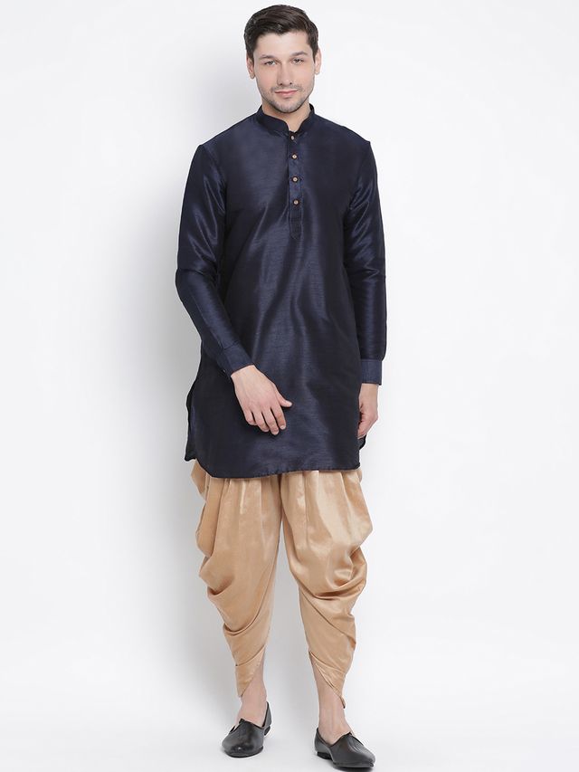 Men's Dark Blue Silk Blend Pathani Kurta and Dhoti Set