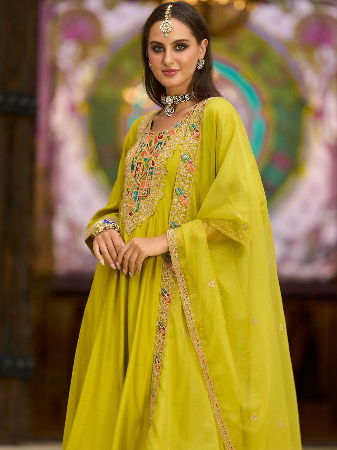 Ethnic Motifs Embroidered Thread Work A-Line Kurta with Trousers & With Dupatta