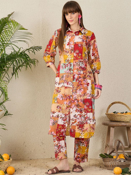 Women Floral Printed Regular Pure Cotton Kurta with Trousers