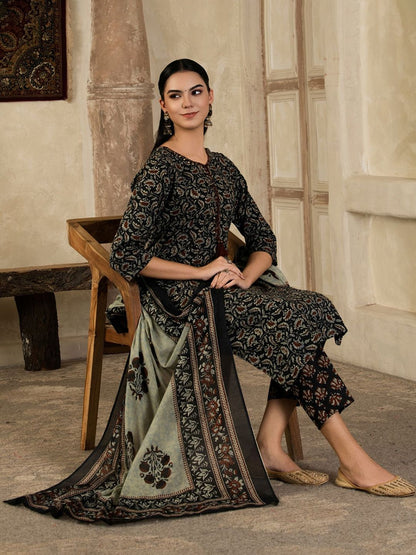 Dhiyona SN Women's Floral Printed Cotton Kurta with Trousers & Dupatta