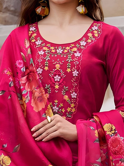 Dhiyona VA Women'sFloral Yoke Design Thread Work Straight Kurta With Trouser And Dupatta