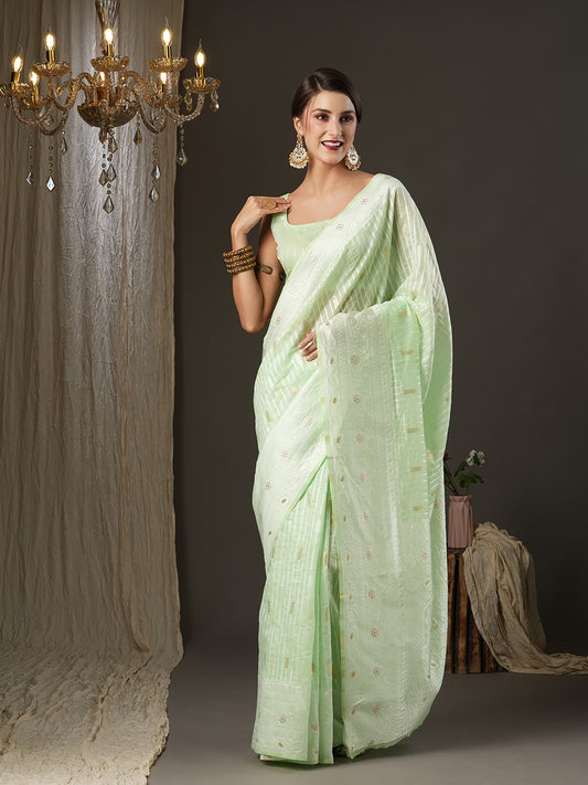 Women's Cotton Silk Green Woven Design Designer Saree With Blouse Piece